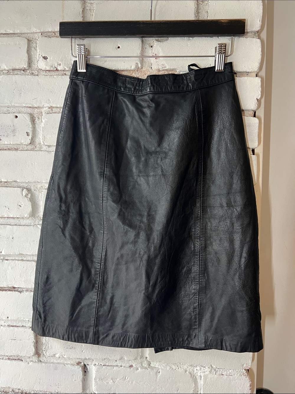 Classic Black Leather A-Line Skirt vintage midi length moto skirt